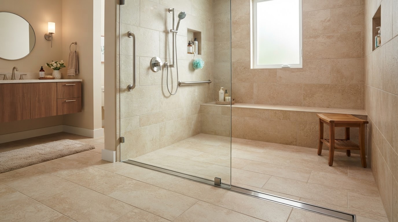 Curbless walk-in shower with a linear stainless steel drain at the threshold entrance, continuous large-format warm beige porcelain floor, frameless fixed glass panel, handheld shower, and built-in bench for accessible aging-in-place design
