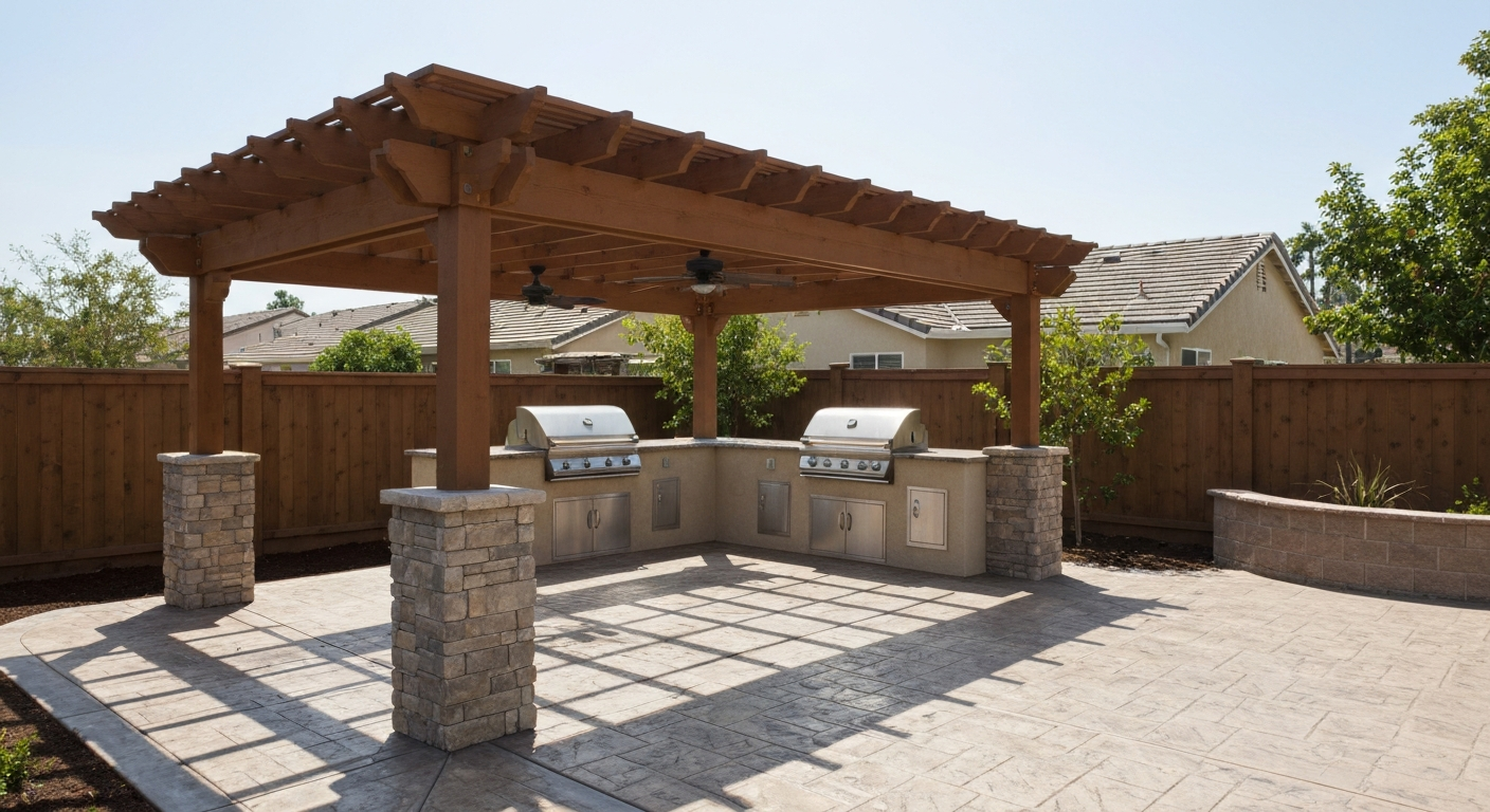 Outdoor living pergola and kitchen in North Santa Ana