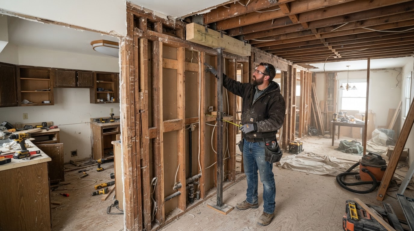 Interior demolition of a kitchen wall revealing structural framing and wooden studs during an open-concept renovation