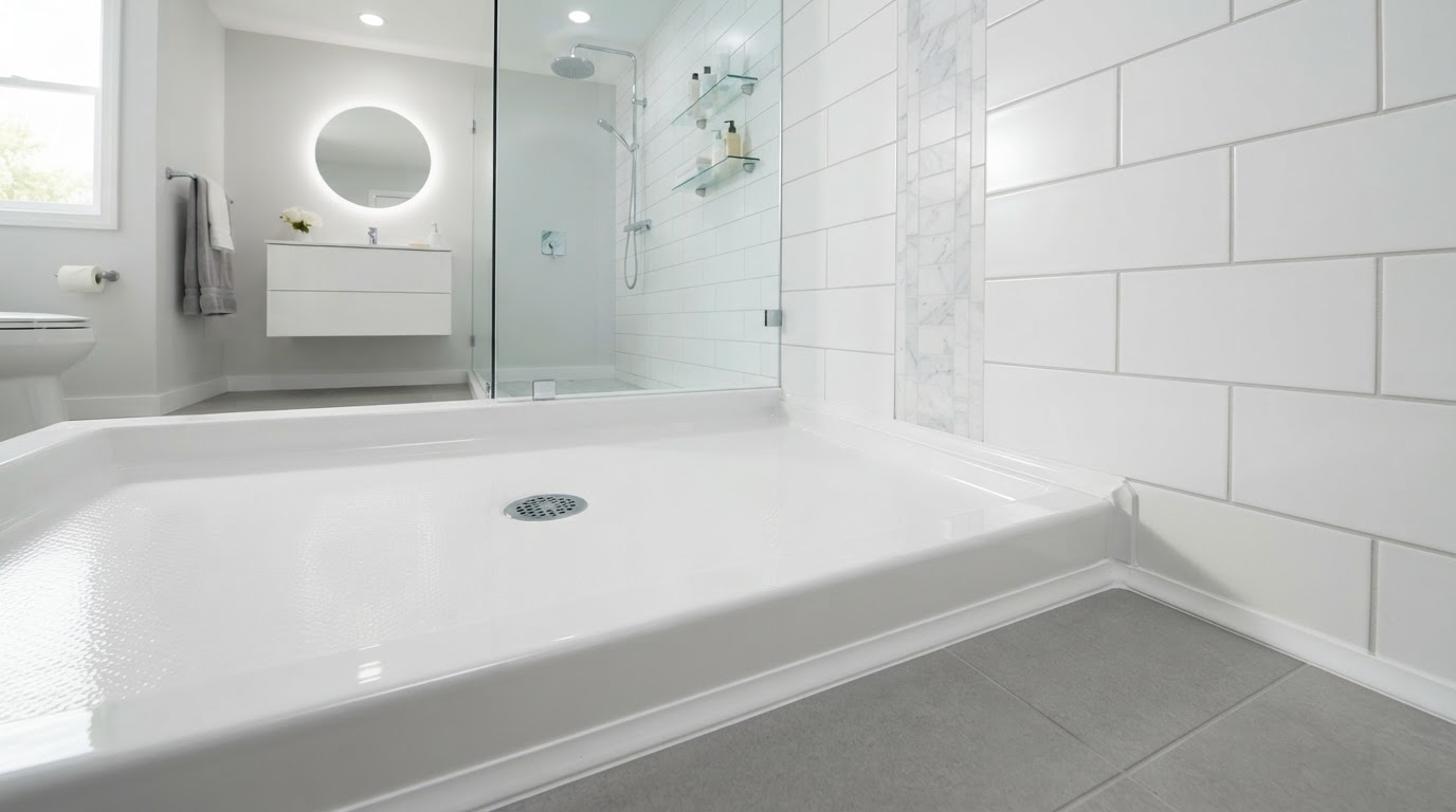Prefabricated white acrylic single-piece shower base with a sloped floor and a centered drain installed in a clean modern bathroom beside adjacent tile work