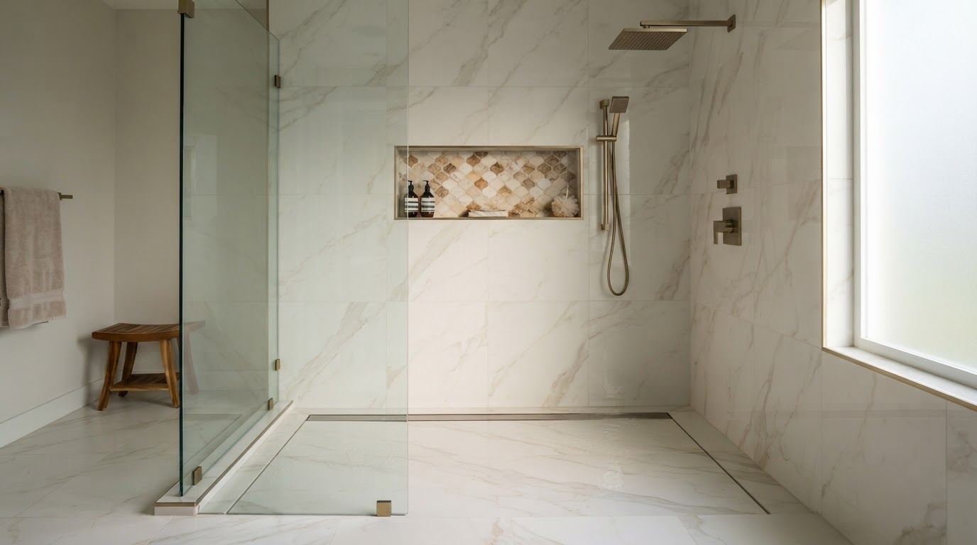 Luxury modern walk-in shower with a stainless steel linear drain along the back wall, single-plane sloped large-format marble-look porcelain floor, frameless glass enclosure, brushed brass fixtures, and rain showerhead