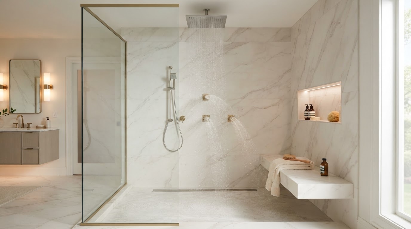 Luxury modern walk-in primary bathroom shower with a large ceiling-mounted rain shower head, a handheld shower on a slide bar, and vertical body jets, set against large-format warm white marble-look porcelain walls, frameless glass enclosure, brushed brass fixtures, floating stone bench, and recessed shower niche
