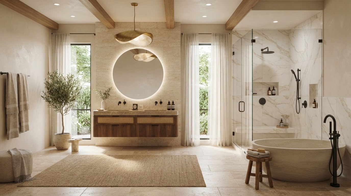 Spa-inspired primary bathroom with warm neutral tones, walk-in shower, freestanding tub, and floating vanity