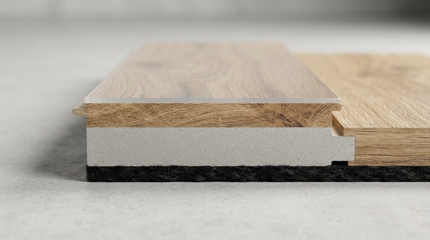 Close-up cross-section diagram of a luxury vinyl plank (LVP) floorboard showing the layered construction: clear wear layer, decorative wood-grain print, rigid waterproof core, and attached underlayment backing