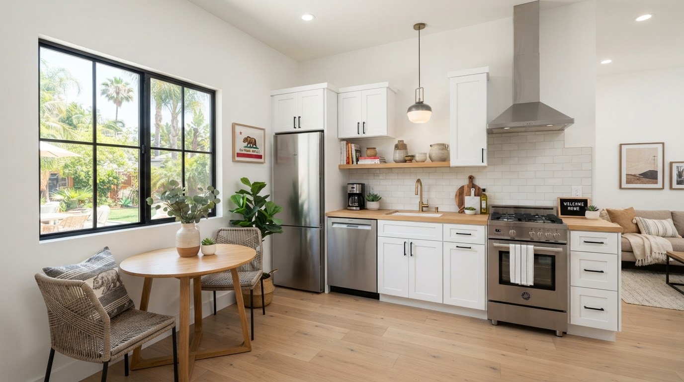 A bright modern kitchen interior inside a newly built accessory dwelling unit with white cabinetry, stainless steel appliances, and natural light, representing ADU rental income potential in California