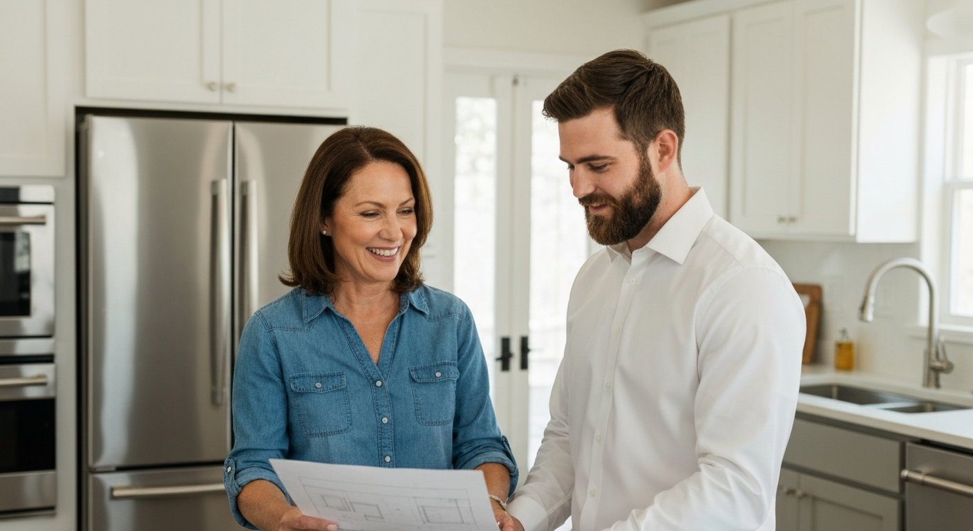 Homeowner and contractor reviewing remodeling plans in a bright kitchen