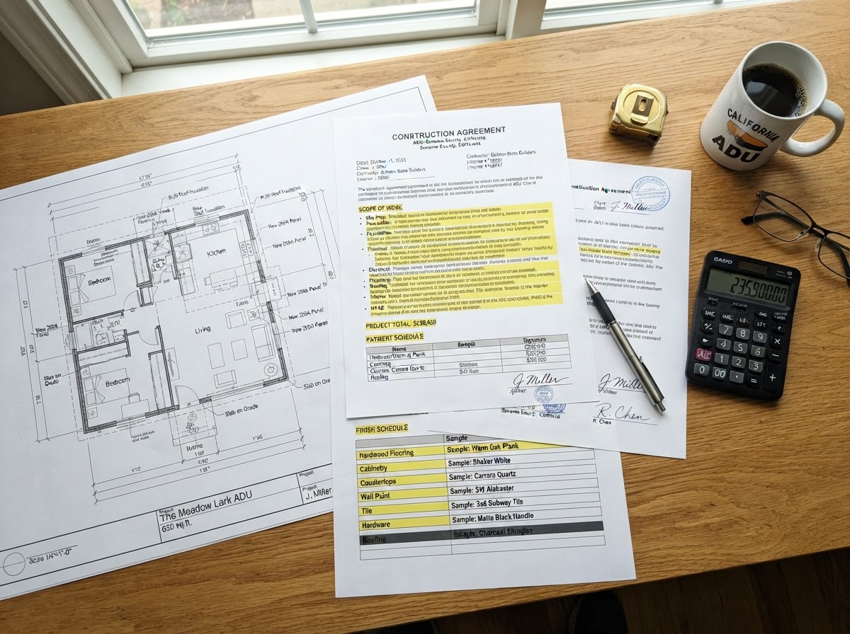 An overhead flat lay on a warm wood desk of a detailed ADU construction contract with architectural blueprint floor plans, a scope of work document with highlighted sections, material finish samples, and a calculator, illustrating a detailed ADU construction contract scope of work and material selections in California