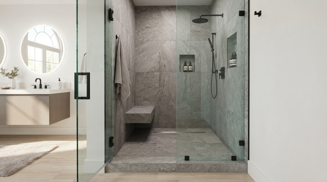 Modern hinged frameless glass shower door with matte black hardware hinges and handle, open swing door showing interior walk-in shower with linear drain and large-format gray stone-look tile