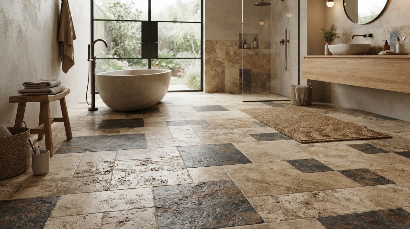 Natural stone bathroom floor featuring honed travertine and slate with rich organic texture and earthy tones in a warm spa-like bathroom