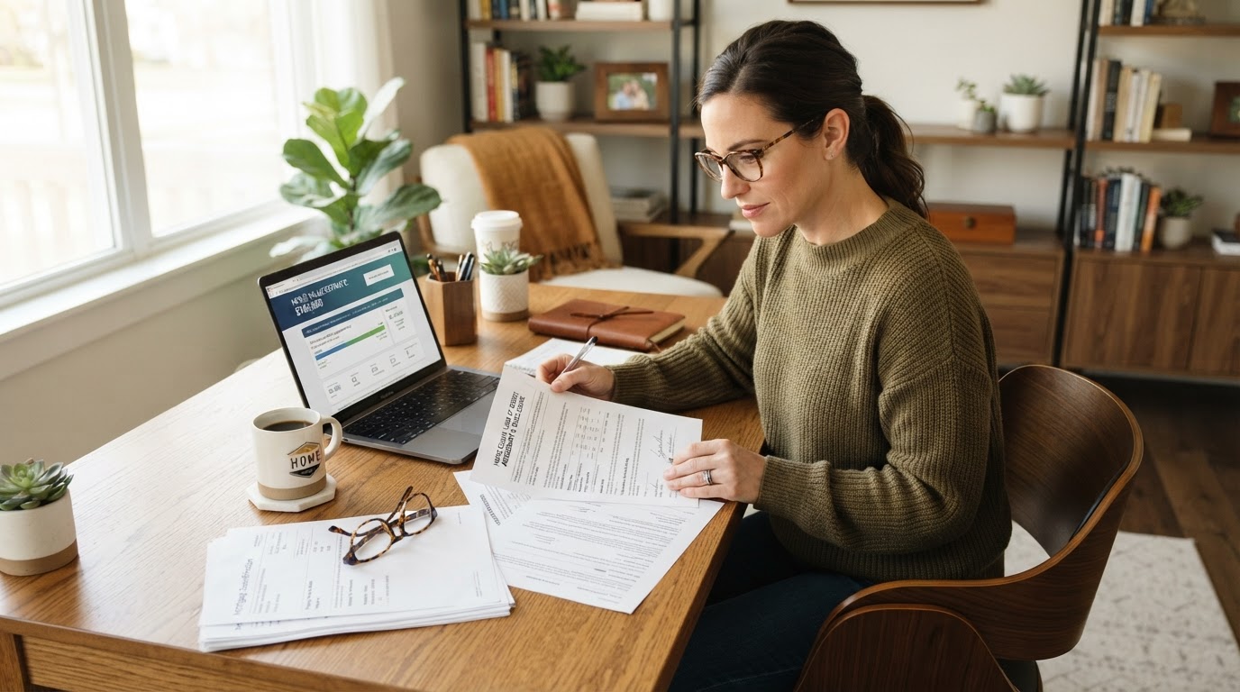 A homeowner reviewing mortgage and home equity loan documents at a warm oak desk in a bright home office, with a laptop showing a home value estimate and a HELOC statement, illustrating ADU financing and home equity planning