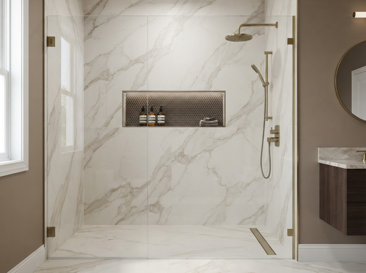 Luxury modern walk-in shower with a recessed shower niche lined with contrasting mosaic tile, holding shampoo bottles, brushed brass fixtures and frameless glass