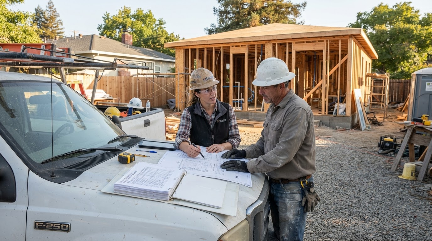An architect and contractor reviewing architectural plans and a draw schedule binder on the hood of a truck at a detached ADU construction site with framed walls and exposed plumbing, illustrating ADU construction loan disbursements and financing stages