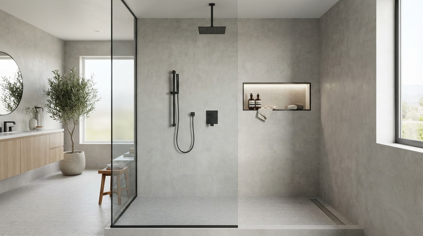 Minimalist luxury walk-in shower with matte black shower fixtures including a ceiling rain shower head, a handheld on a slim black slide bar, and a recessed niche with black trim, large-format light gray concrete-look porcelain walls, frameless glass, and linear drain
