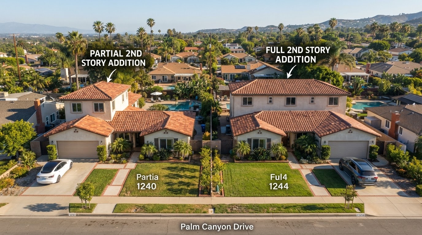 Aerial comparison of two Southern California homes side by side, one with a partial second-story addition built over only the garage and back rooms and the other with a full second-story addition over the entire footprint, illustrating the difference in scope and cost