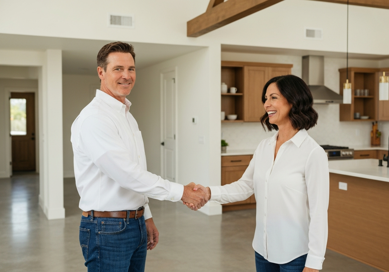 Venguard Construction project manager and homeowner shaking hands in a newly completed Southern California home renovation
