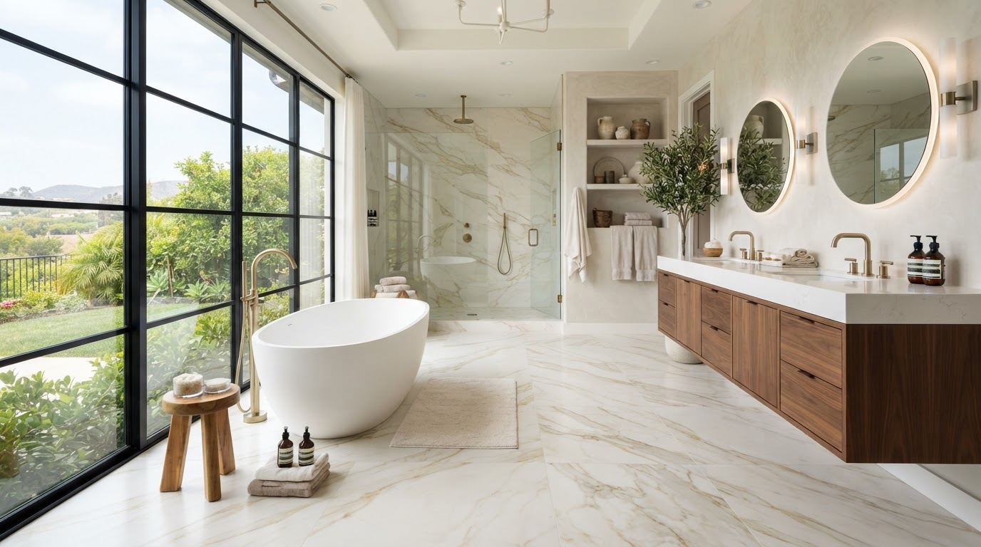 Luxury bathroom floor with large-format porcelain tile in a warm marble look, freestanding tub, modern vanity in an Orange County home