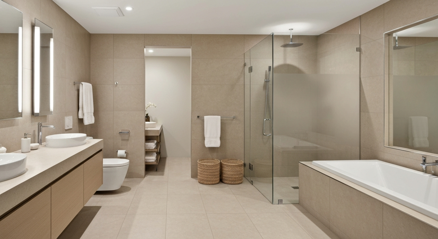 A beautifully finished modern bathroom renovation with high-end fixtures and clean lines