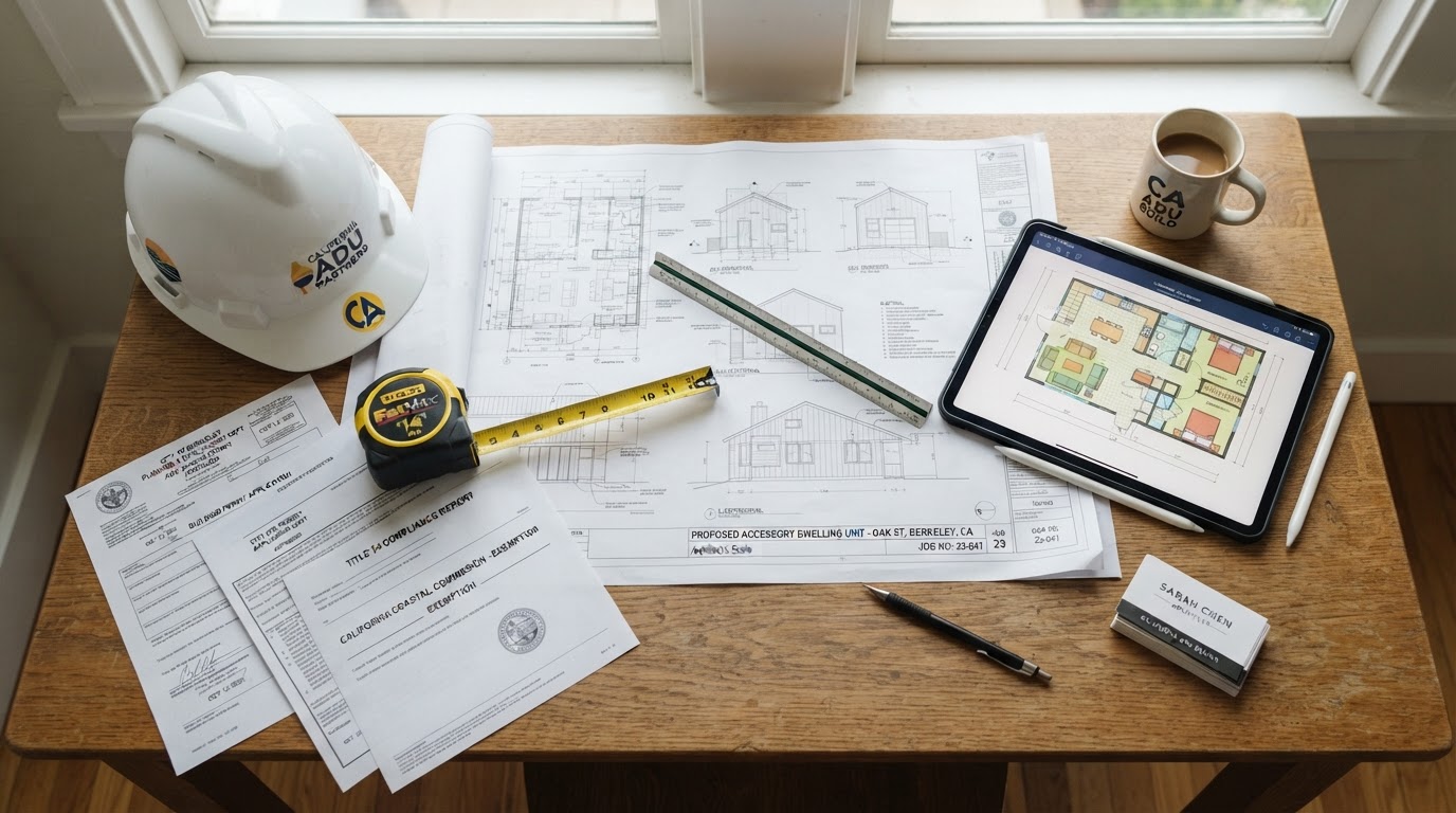 Architectural blueprints and permit documents with a hard hat and measuring tape showing a modern ADU floor plan during construction planning