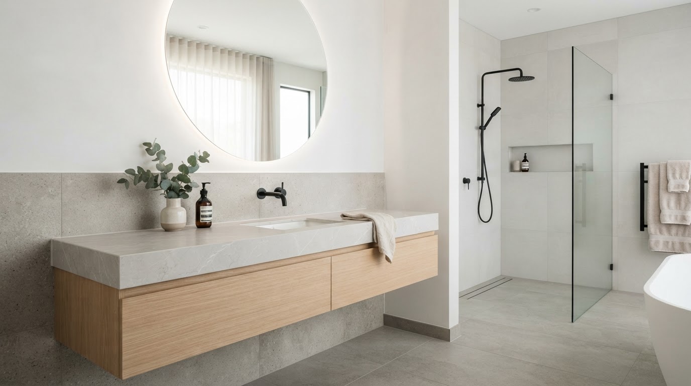 Sleek contemporary bathroom with large-format porcelain slab countertop, matte black faucet, and floating vanity