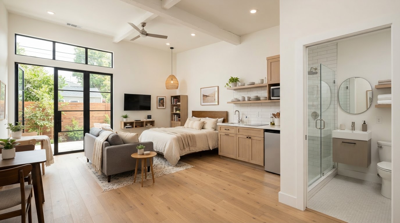 Bright modern garage conversion ADU interior turned into a compact rental studio apartment with an open living-sleeping area, a small kitchenette, a tidy bathroom and large new windows replacing the old garage door