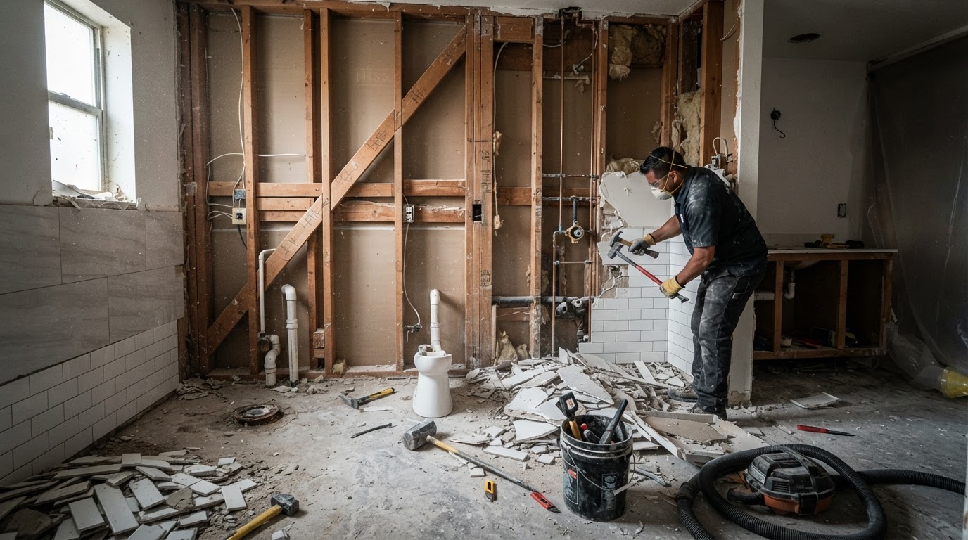 Bathroom demolition phase showing old tile and fixtures removed, exposing plumbing and framing