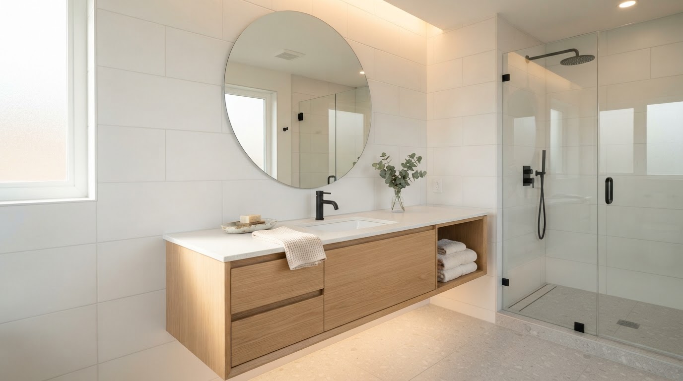 Small modern bathroom with light-colored floating vanity, minimalist quartz countertop, integrated sink, and large mirror maximizing the sense of space