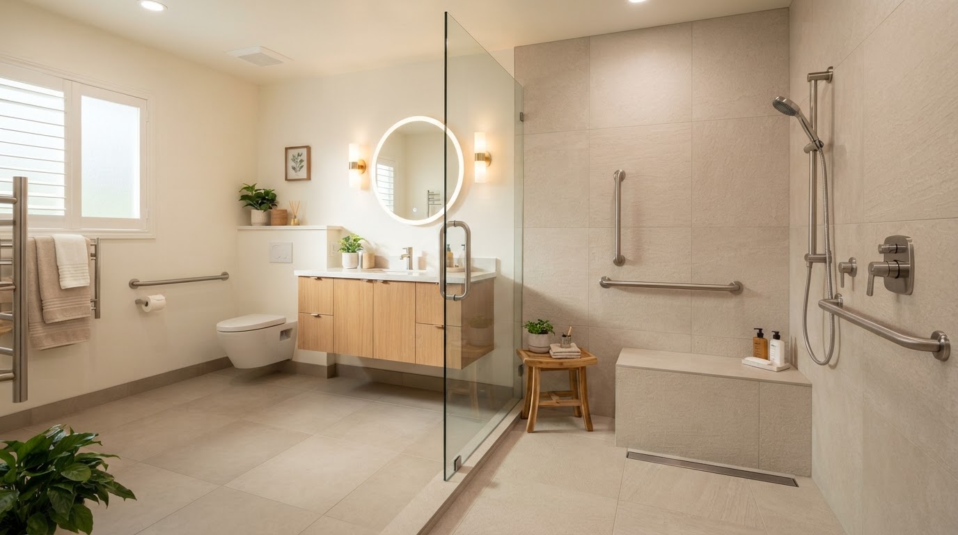 Accessible aging-in-place bathroom with a curbless barrier-free shower, grab bars, built-in shower bench, handheld shower on slide bar, slip-resistant large-format tile, frameless glass, and lever-style controls