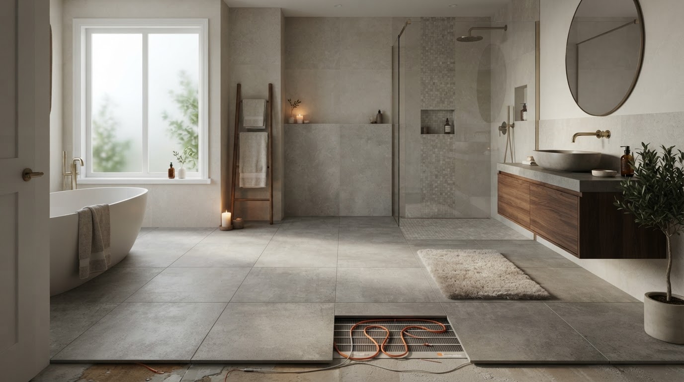Heated bathroom tile floor with radiant heating system beneath large-format porcelain tile in a warm cozy bathroom with luxury spa atmosphere