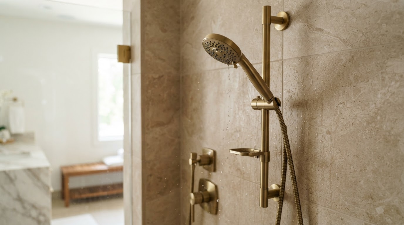 Close-up of a brushed brass handheld shower head on an adjustable slide bar inside a contemporary walk-in shower with large-format warm beige stone-look porcelain walls and frameless glass
