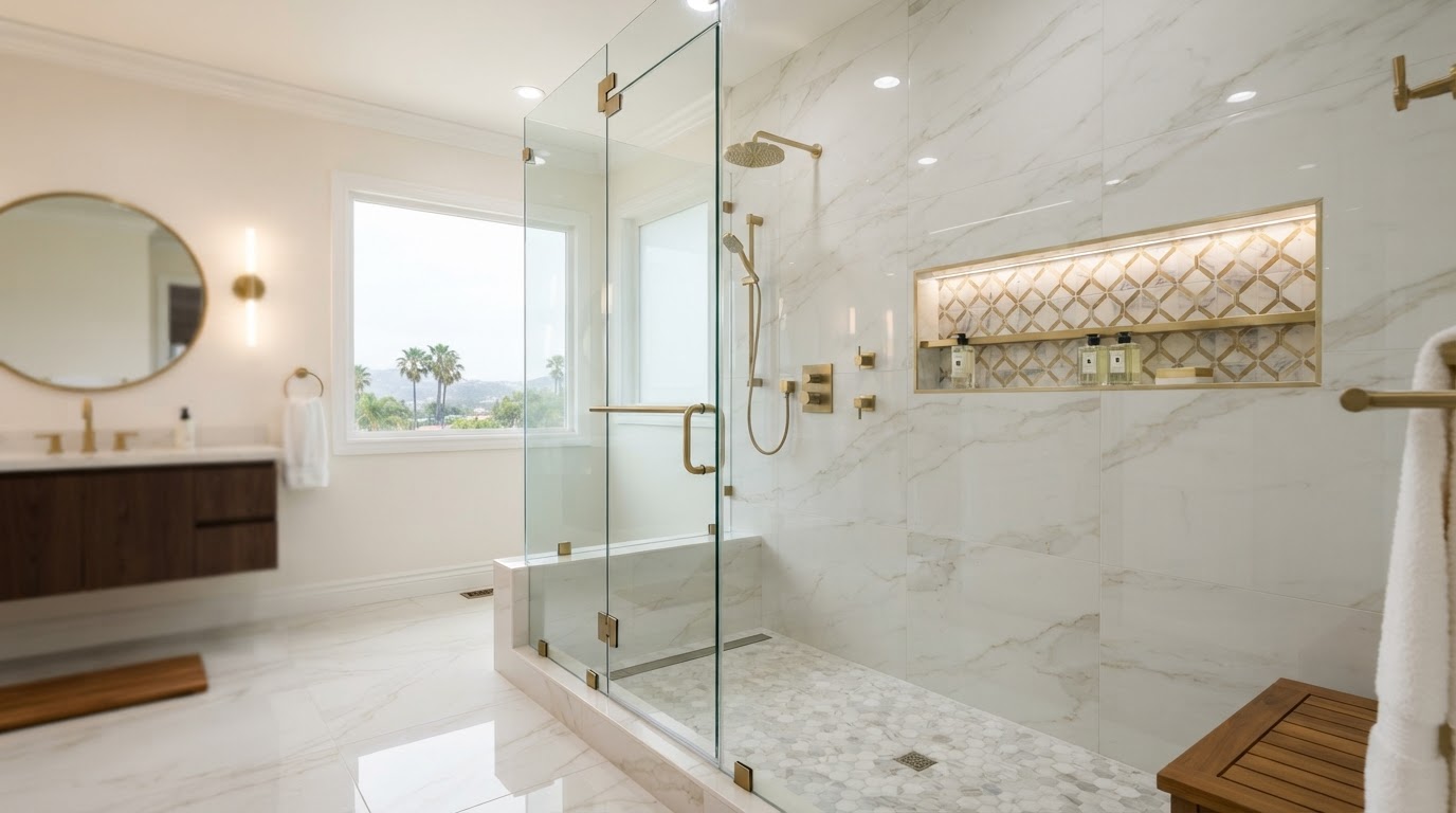 Luxury walk-in shower with large-format marble-look porcelain tile, frameless glass, brushed brass fixtures, and built-in niche in an Orange County home