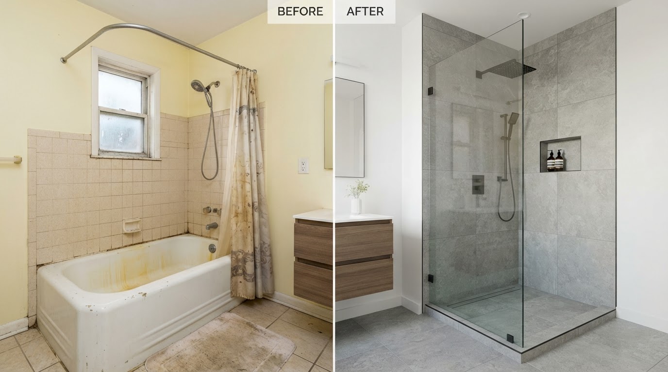 Before and after comparison of a bathtub to walk-in shower conversion in Los Angeles