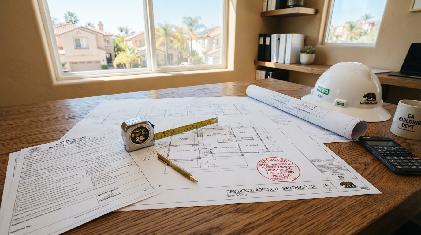 Architectural blueprints and home addition floor plans spread on a warm oak desk with building permit application forms, an approved permit stamp, a measuring tape, and a hard hat, representing the home addition permit and California building approval process
