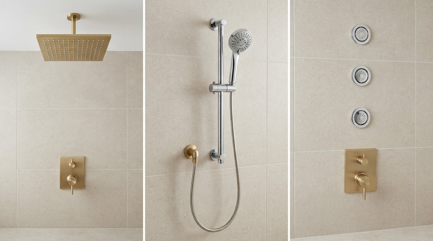Side-by-side comparison of three luxury shower fixtures: a large square ceiling rain shower head, a handheld shower wand on a slide bar, and vertical wall-mounted body jets, shown against a clean neutral tile background with brushed brass and chrome finishes