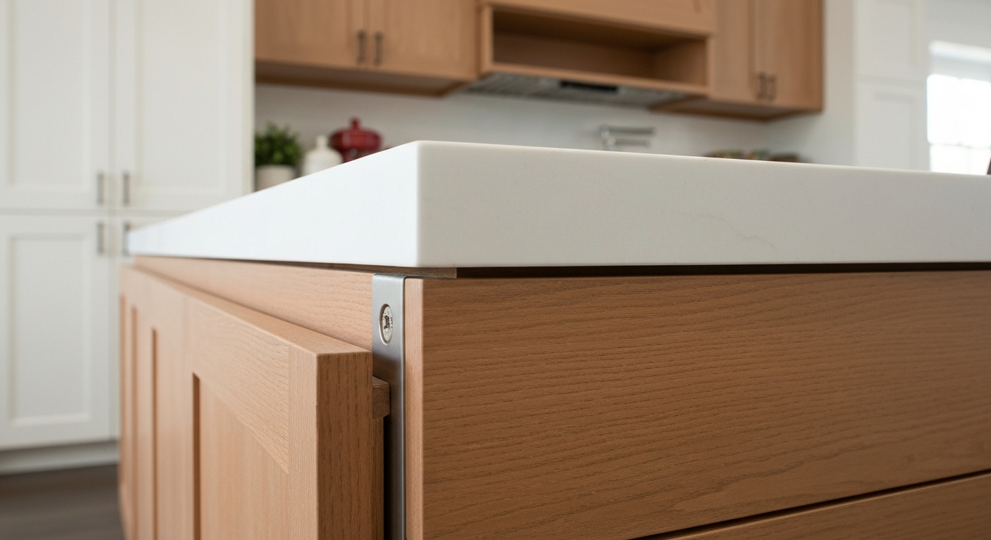 Close up shot of high-quality kitchen cabinet construction showing solid wood face frames and sturdy plywood boxes
