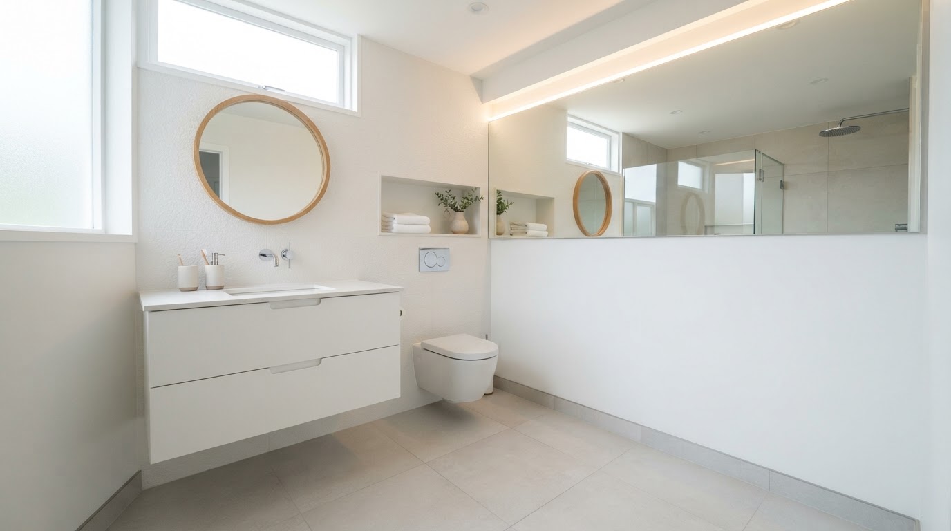 Small modern bathroom with light large-format porcelain floor tile, floating white vanity, wall-mounted toilet and large mirror creating a bright airy feeling of expanded space