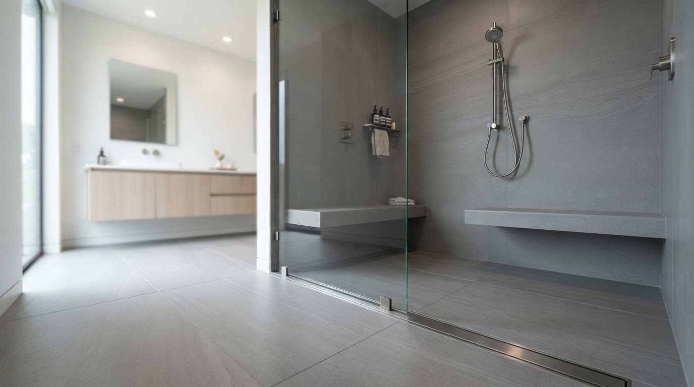 Modern curbless walk-in shower with a linear stainless steel drain along the threshold, continuous large-format gray porcelain tile floor, frameless fixed glass panel, handheld shower, and built-in bench