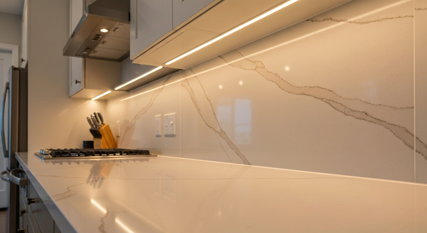 Under-cabinet LED lighting illuminating a quartz kitchen countertop