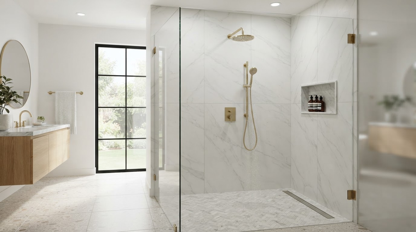 Modern bathroom shower with large-format 24x48 inch marble-look porcelain slab tile on the walls with minimal grout lines, frameless glass enclosure, linear drain and small-format mosaic shower floor