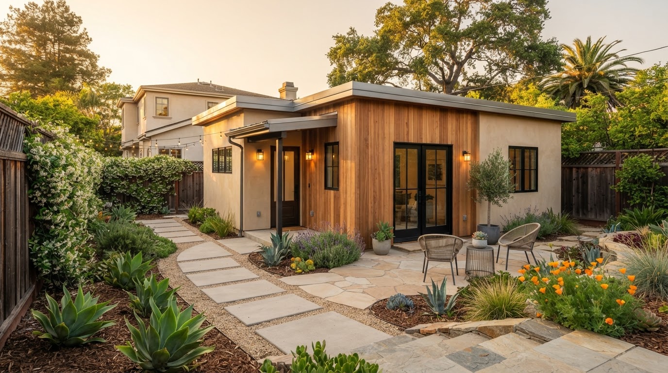 Modern detached ADU in a California backyard at golden hour with a separate private entrance, small patio and drought-tolerant landscaping, conveying long-term rental value and property appreciation