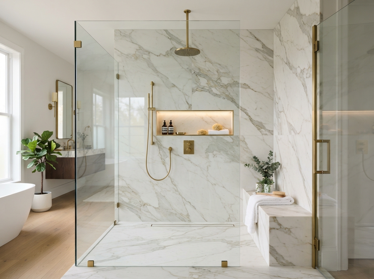 Modern walk-in shower with frameless glass enclosure, large-format marble tile, built-in niche, and rainfall showerhead