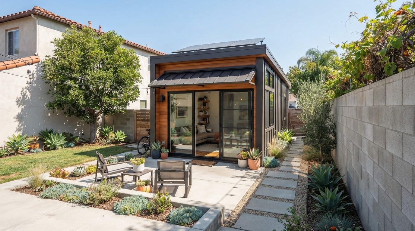 Compact detached ADU cottage built in a small Southern California backyard near the property line, making smart use of limited space
