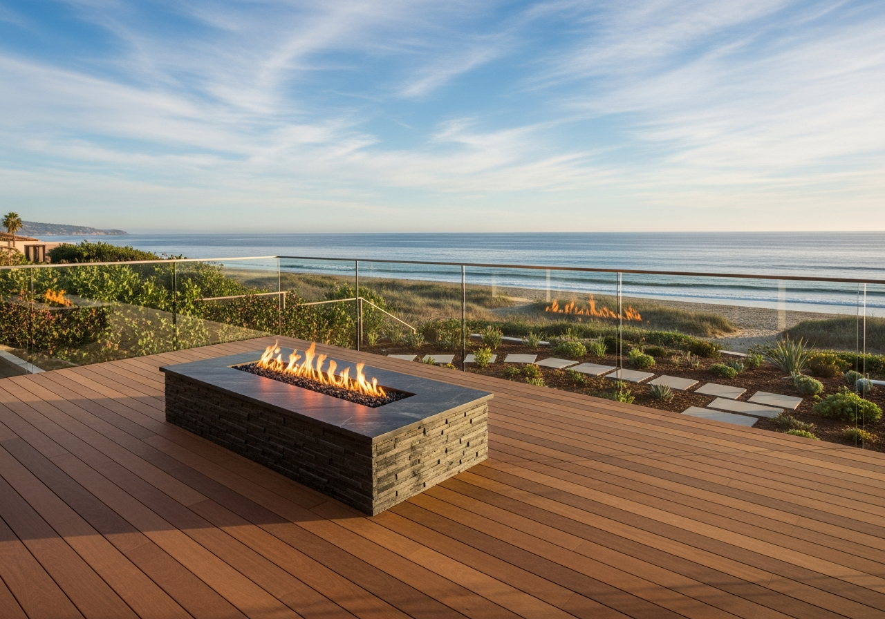 Outdoor living deck and fire pit in Three Arch Bay Laguna Beach