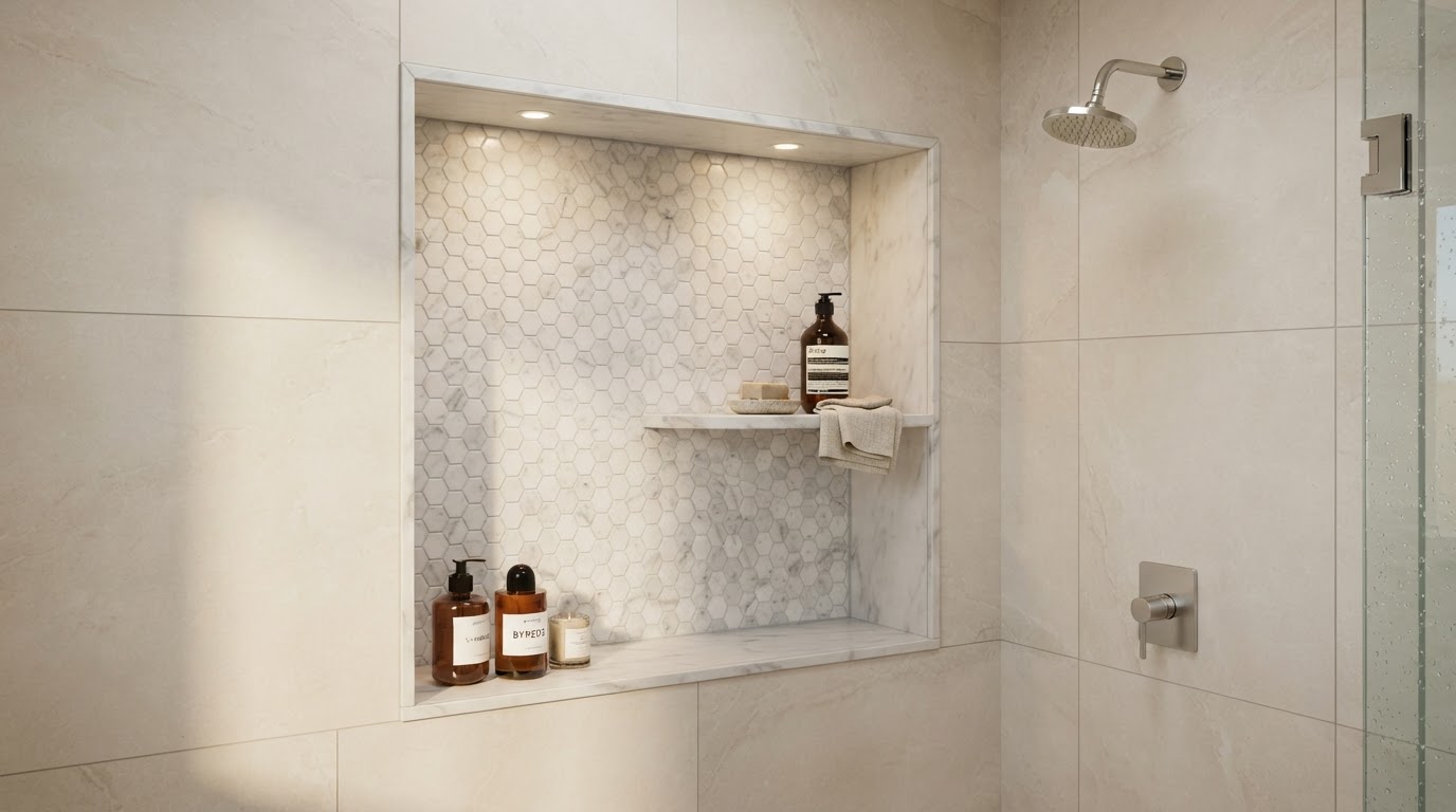 Elegant bathroom shower niche lined with small hexagon marble mosaic tile set against large-format porcelain shower walls, with a built-in corner shelf