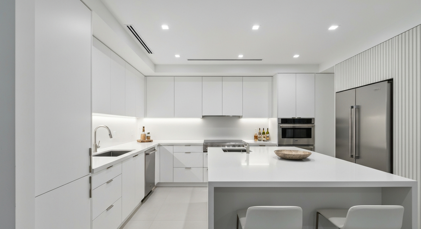 Modern luxury kitchen with clean white quartz countertops and a large waterfall island