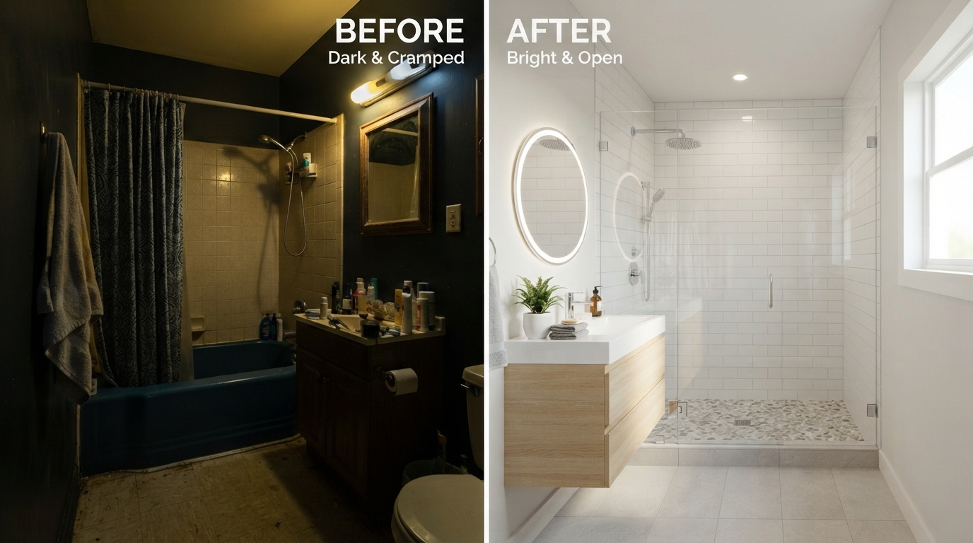 Before and after comparison of a small bathroom remodel in Los Angeles showing transformation from cramped to open