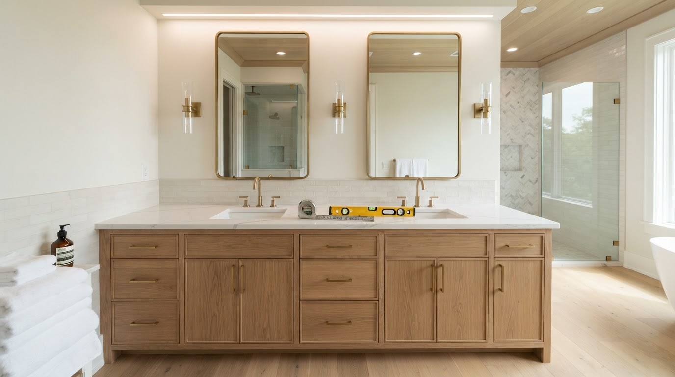 Luxury primary bathroom with a custom double vanity featuring white quartz countertop, undermount sinks, brushed brass faucets, natural oak cabinetry, large mirrors, and integrated LED lighting