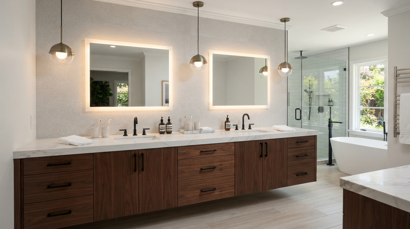 Modern bathroom vanity with double sinks, quartz countertop, and custom cabinetry in a primary bathroom remodel