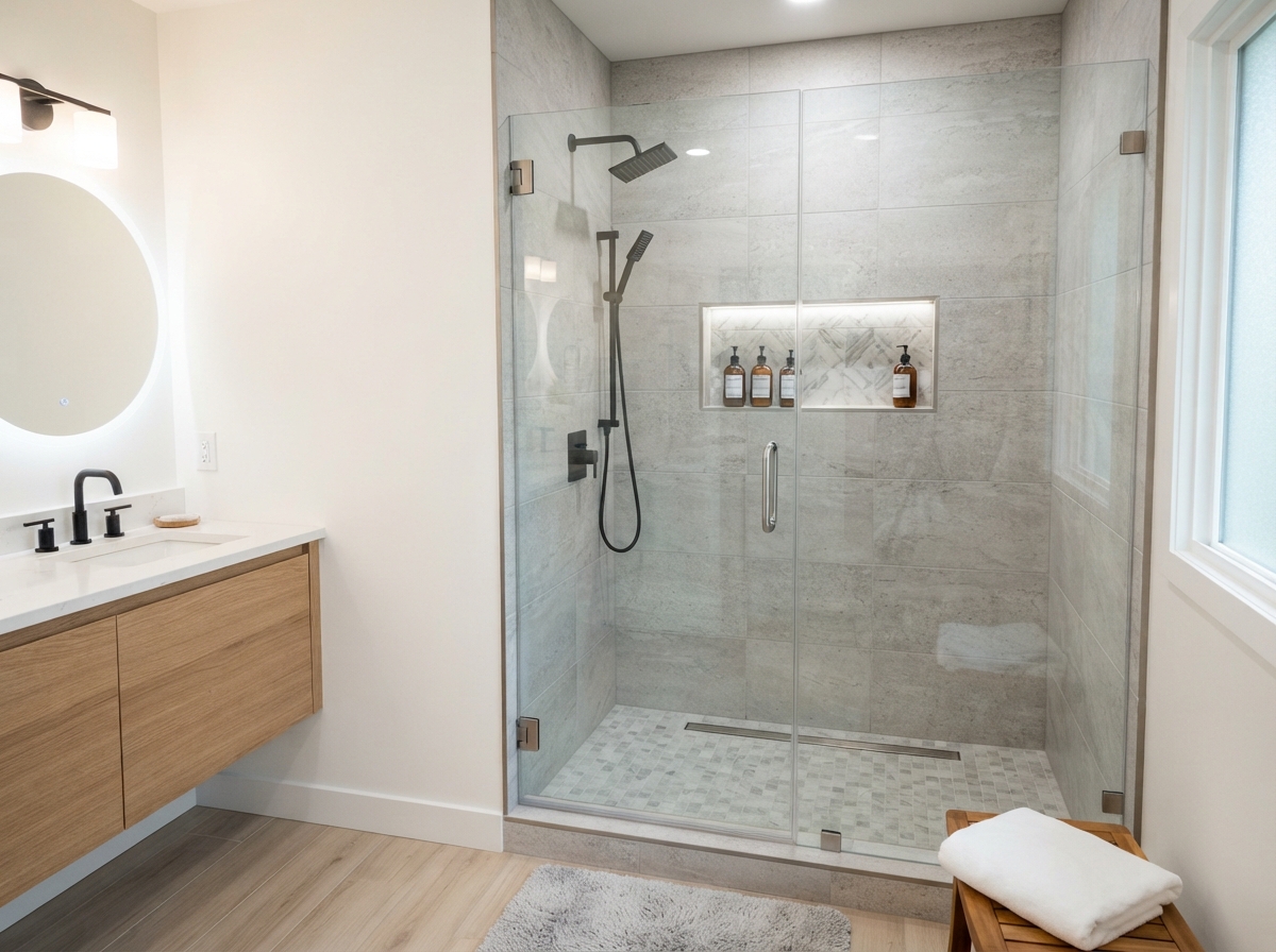 Tub-to-shower conversion with frameless glass and porcelain tile in a modern bathroom remodel
