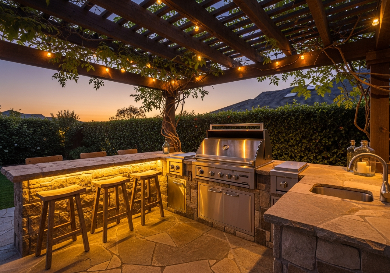 Custom outdoor kitchen with built-in BBQ grill and stone countertops in a Southern California backyard