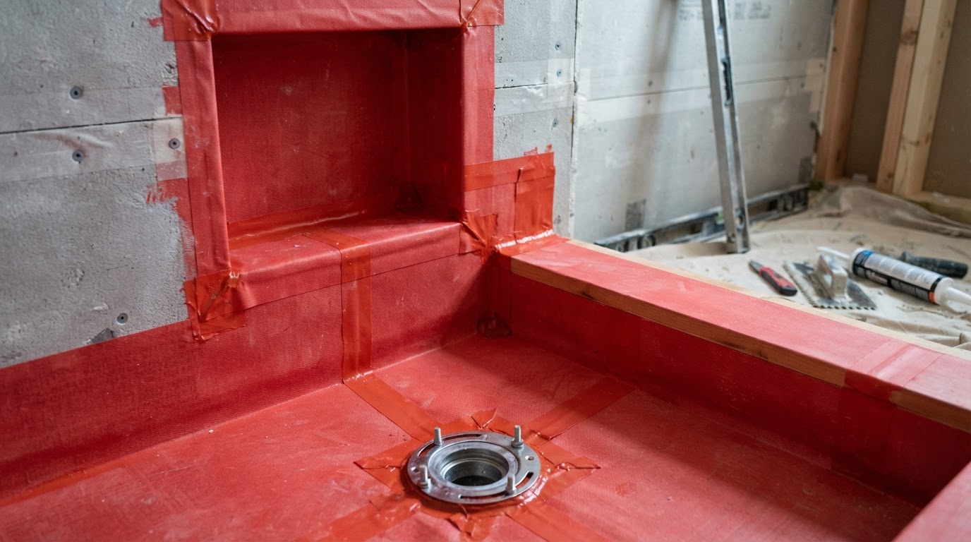 Shower waterproofing construction showing red membrane folded into a shower niche and over the curb, cement backer board walls, and shower drain before tile installation